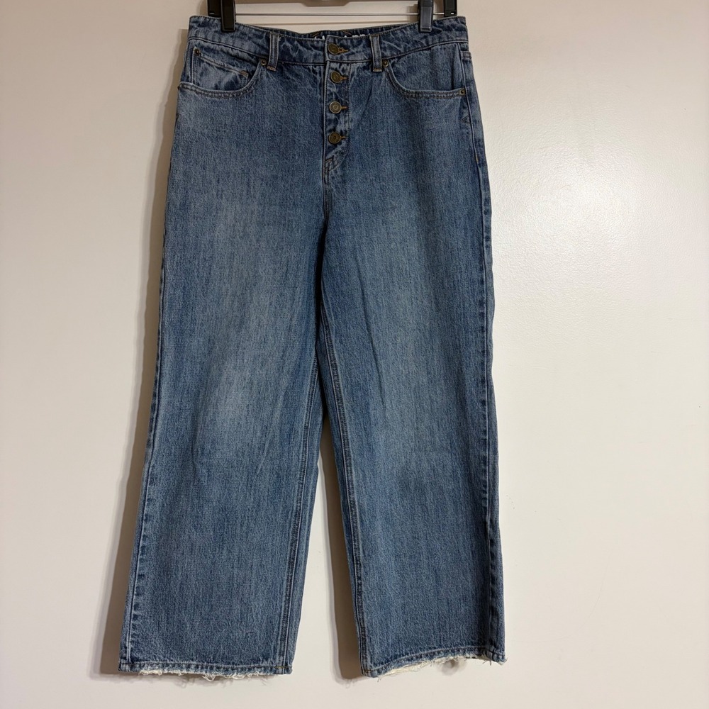 Volcom Wide Leg Crop Jeans Blue Button Fly Raw Hem Womens Size 11 31 Waist